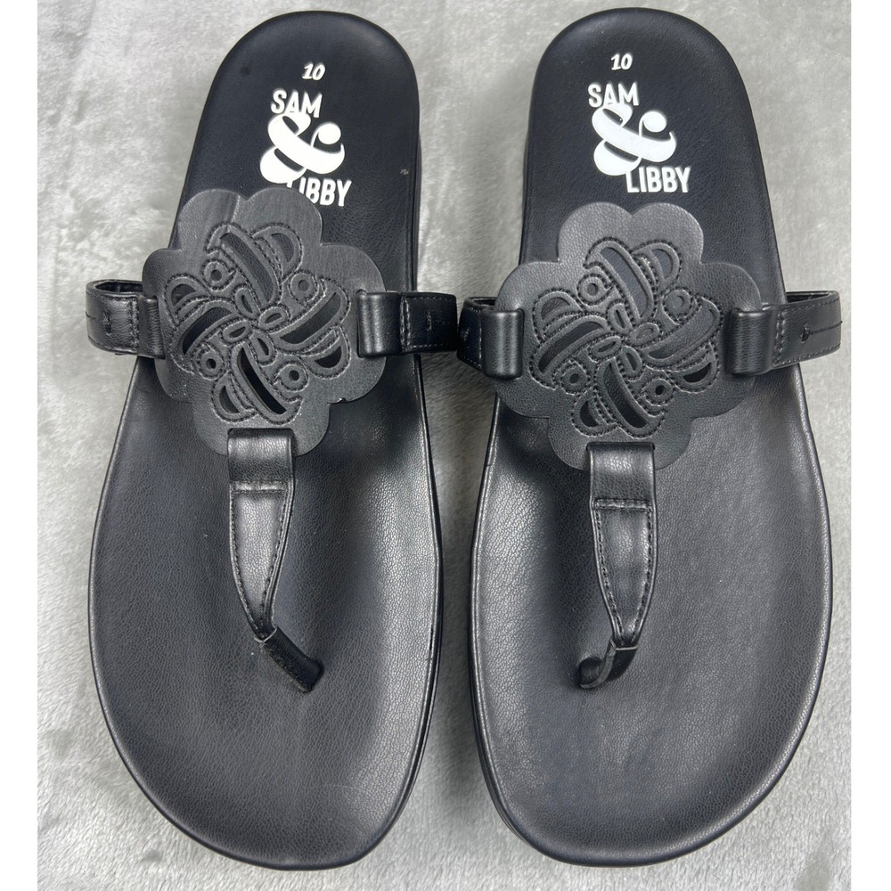 Sam & Libby Womens Black Platform Thong Sandals Floral Cutout Size‎ 10